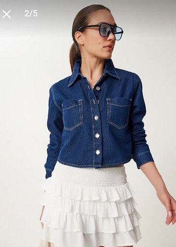 Düğmeli Kısa Mavi Denim Ceket - Görsel 3