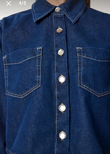 Düğmeli Kısa Mavi Denim Ceket - Görsel 4