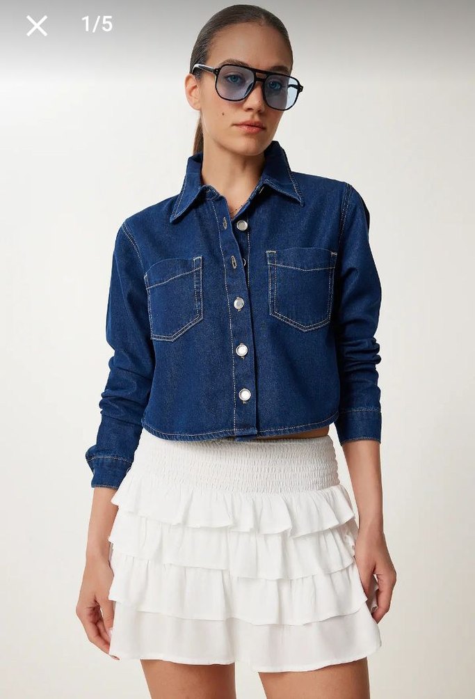 Düğmeli Kısa Mavi Denim Ceket - Görsel 2