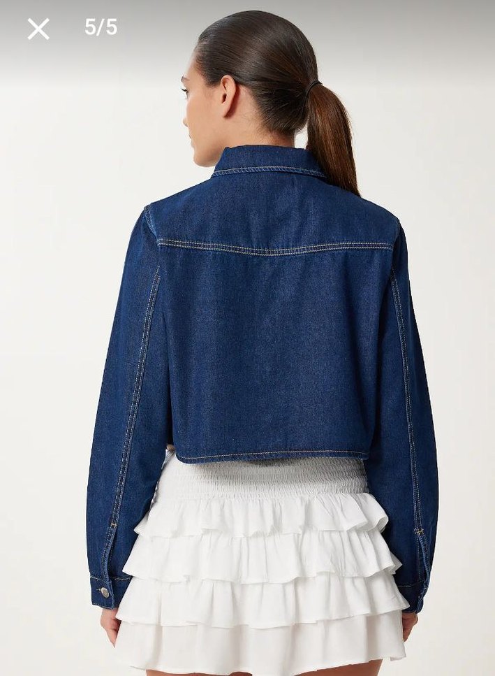 Düğmeli Kısa Mavi Denim Ceket - Görsel 5