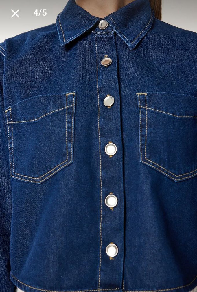 Düğmeli Kısa Mavi Denim Ceket - Görsel 4