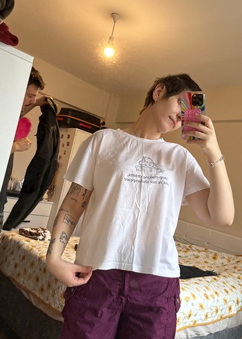 Beyaz Baskılı Pamuklu Kadın Tişört - Görsel 2