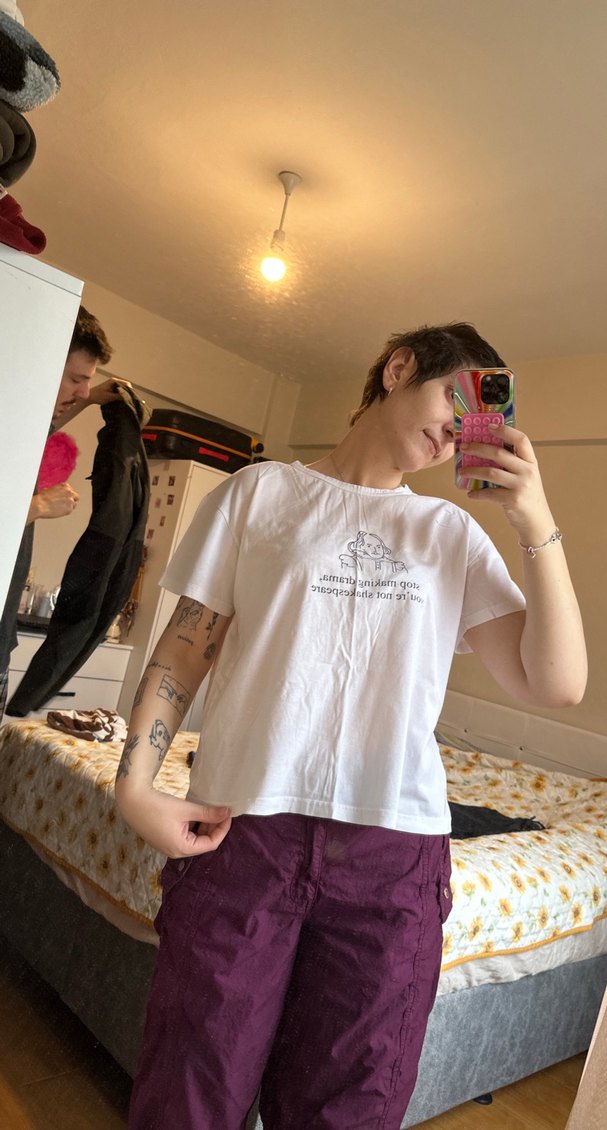 Beyaz Baskılı Pamuklu Kadın Tişört - Görsel 2