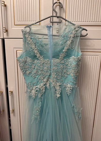 Turkuaz Nakışlı Uzun Dantelli Straplez Abiye - Görsel 5