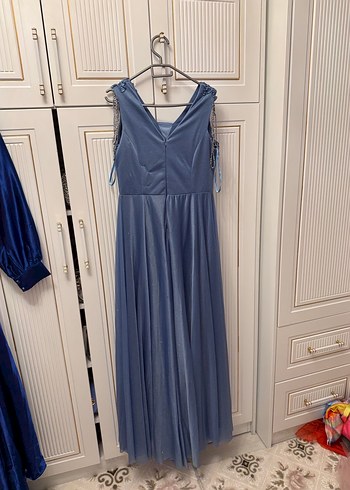 Mavi Nakışlı V Yaka Midi Abiye Elbise - Görsel 4