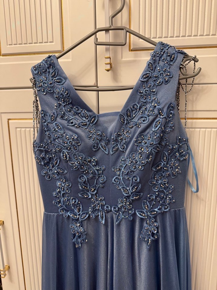 Mavi Nakışlı V Yaka Midi Abiye Elbise - Görsel 3