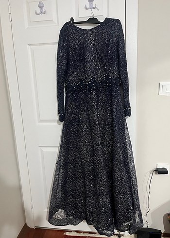 Uzun Kollu lacivert  Boncuk İşlemeli Abiye Elbise - Görsel 2