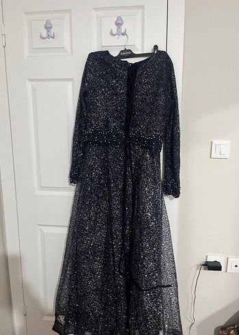 Uzun Kollu lacivert  Boncuk İşlemeli Abiye Elbise - Görsel 3