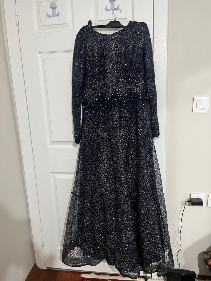 Uzun Kollu lacivert  Boncuk İşlemeli Abiye Elbise - Görsel 2