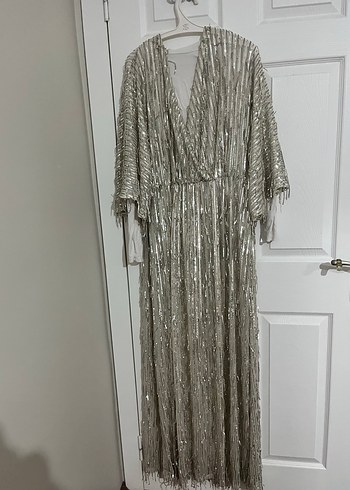 Gri Drapeli Uzun Bohem Parti Elbisesi - Görsel 4