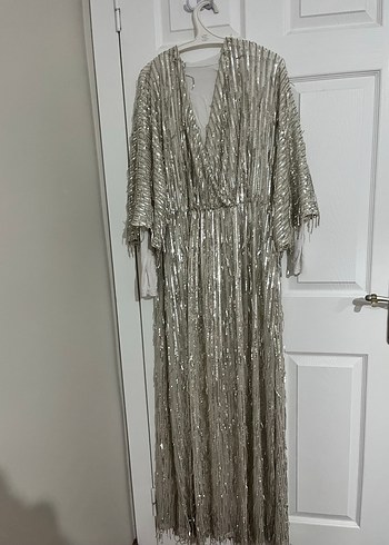 Gri Drapeli Uzun Bohem Parti Elbisesi - Görsel 3