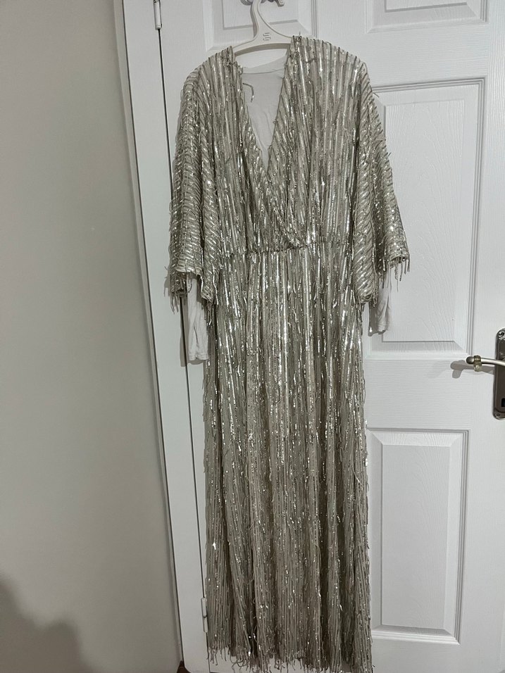 Gri Drapeli Uzun Bohem Parti Elbisesi - Görsel 4