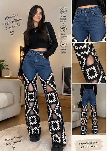 Diğer Geometrik Desenli Siyah Tul Detayli Yuksek Bel Jean