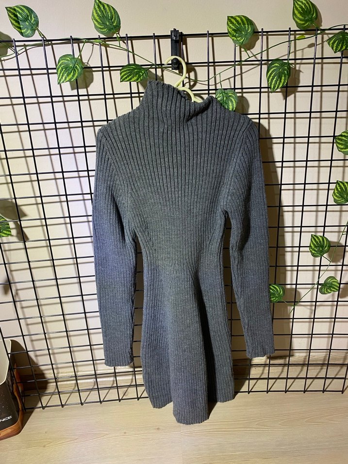 Gri Uzun Kollu Boğazlı Triko Kadın Kazak - Görsel 3