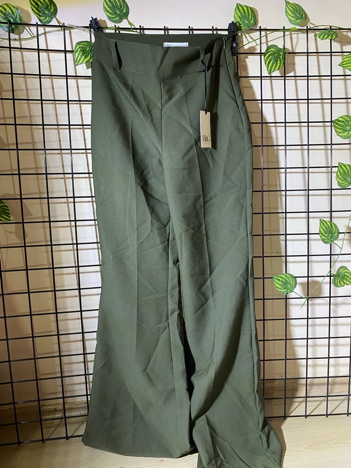 Kadın Haki Kumaş Pantolon, Kemerli, Uzun - Görsel 4