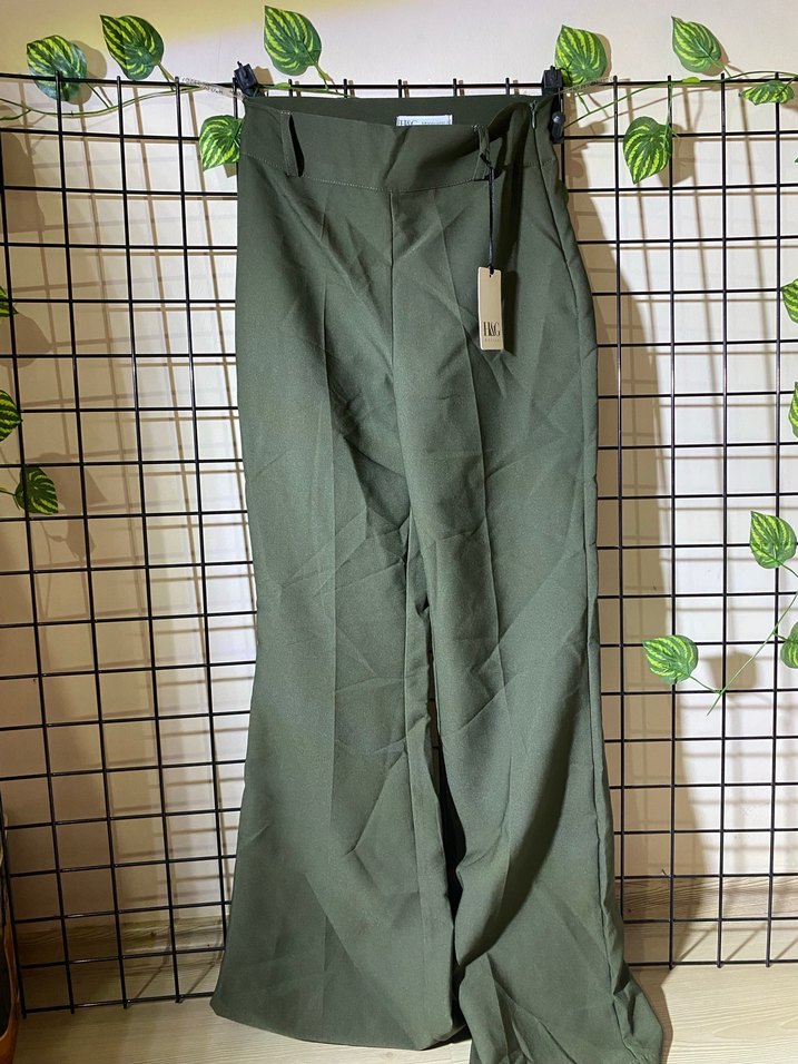 Kadın Haki Kumaş Pantolon, Kemerli, Uzun - Görsel 2