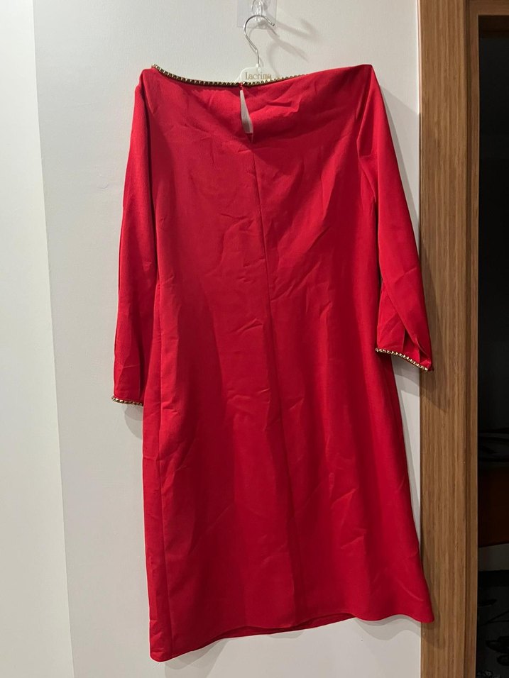 Uzun Kollu Kırmızı Midi Elbise - Görsel 2