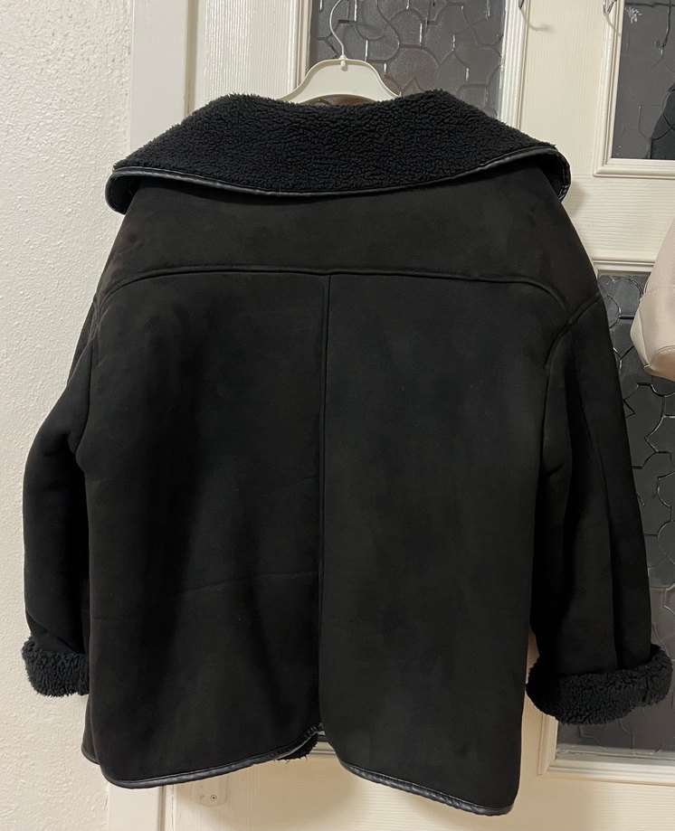 Siyah Süet Kadın Ceket, Kürk Detaylı, Salaş - Görsel 2