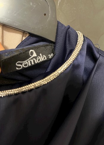 Lacivert Uzun Kollu Drapeli Kadın Abiye Elbise - Görsel 3