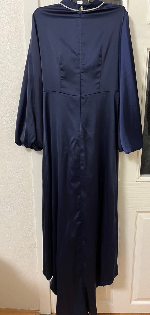 Lacivert Uzun Kollu Drapeli Kadın Abiye Elbise - Görsel 2
