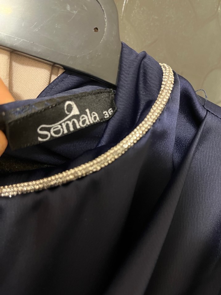 Lacivert Uzun Kollu Drapeli Kadın Abiye Elbise - Görsel 3