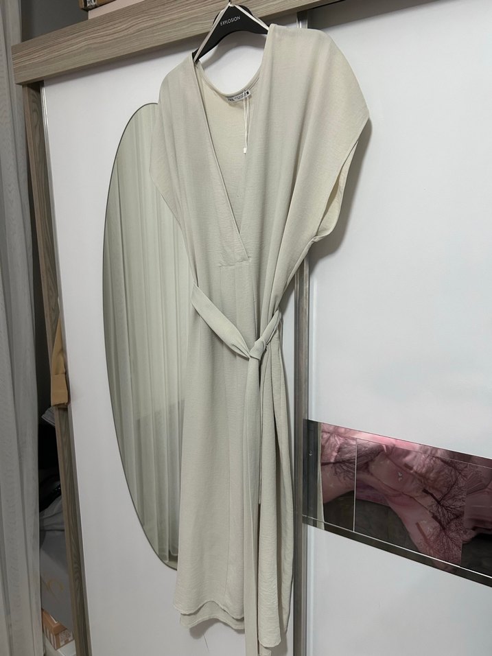 Kadın Beyaz Keten Uzun elbise - Görsel 4