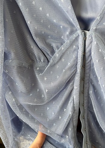 V yaka, drapeli, uzun kollu mavi bluz - Görsel 3