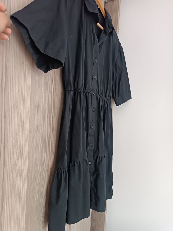 Düğmeli Siyah Midi  Elbise - Görsel 3