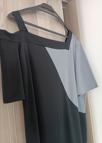 Asimetrik Siyah Gri Midi Elbise - Görsel 3