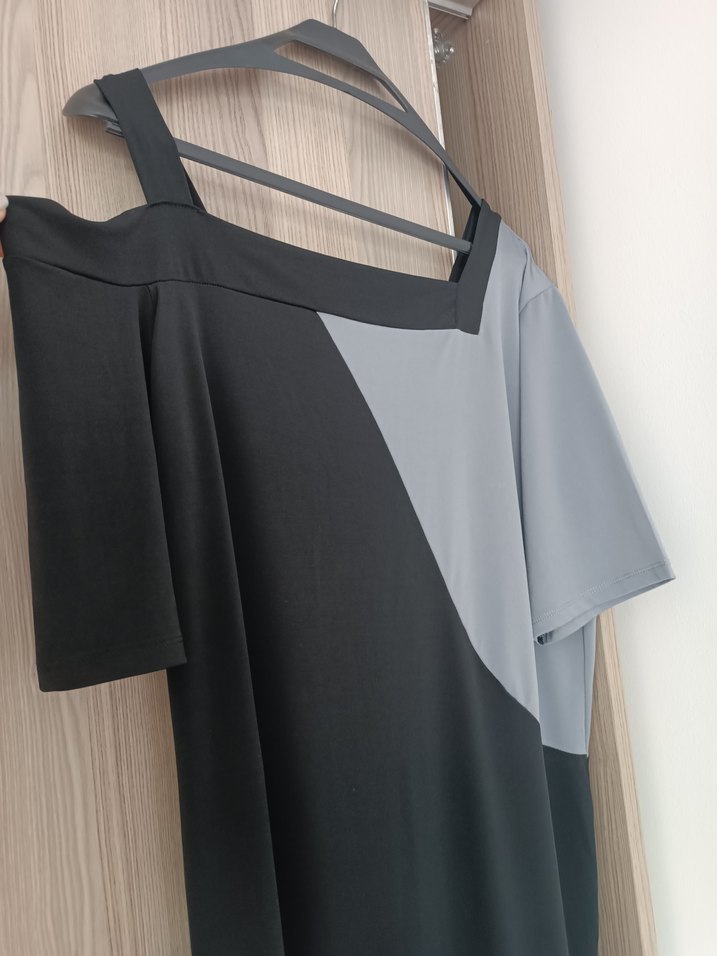 Asimetrik Siyah Gri Midi Elbise - Görsel 3