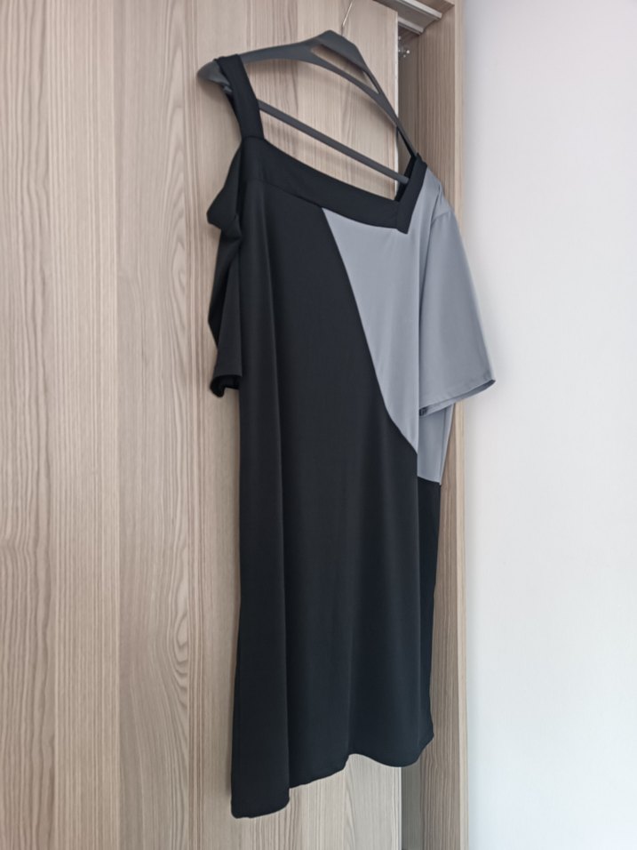 Asimetrik Siyah Gri Midi Elbise - Görsel 2