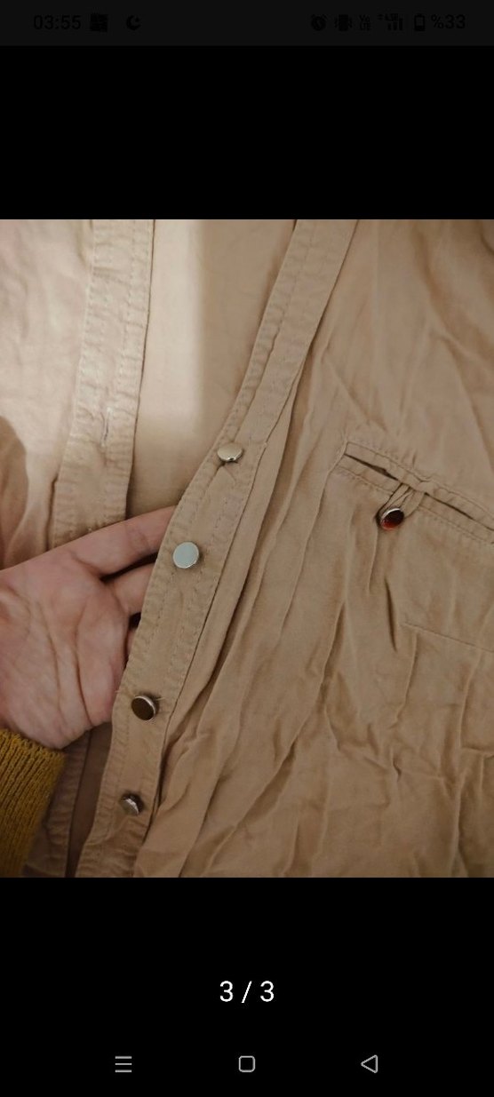 Bej Keten Düğmeli Uzun Kollu Kadın Gömlek - Görsel 3