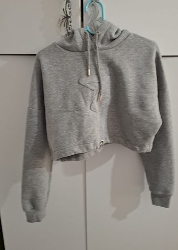 Diğer Gri Melanj Kapusonlu Crop Sweatshirt