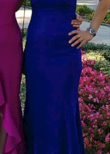 Saks mavi Uzun Drapeli Kadın Abiye - Görsel 2