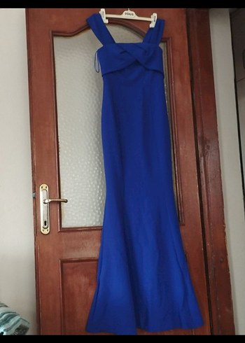 Saks mavi Uzun Drapeli Kadın Abiye - Görsel 3