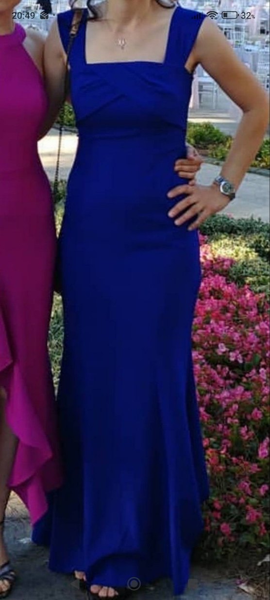 Saks mavi  Uzun Drapeli Kadın Abiye - Görsel 2