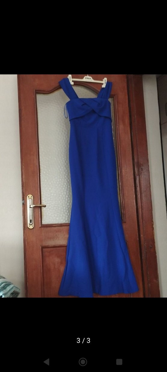 Saks mavi  Uzun Drapeli Kadın Abiye - Görsel 3