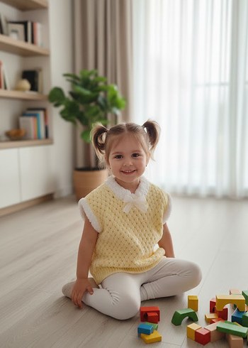 Kız Çocuk Pastel Sarı Kolsuz Örgü Süveter - Görsel 4