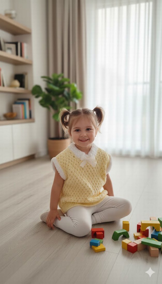 Kız Çocuk Pastel Sarı Kolsuz Örgü Süveter - Görsel 4