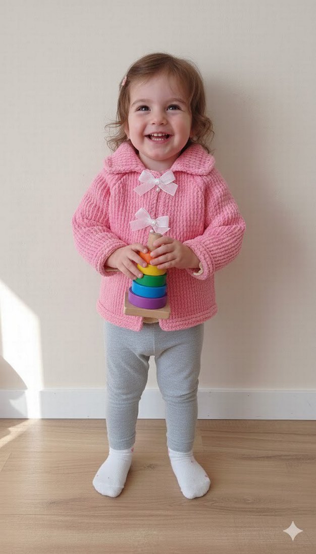 Kız Çocuk Pembe kadife Hırka - Görsel 4