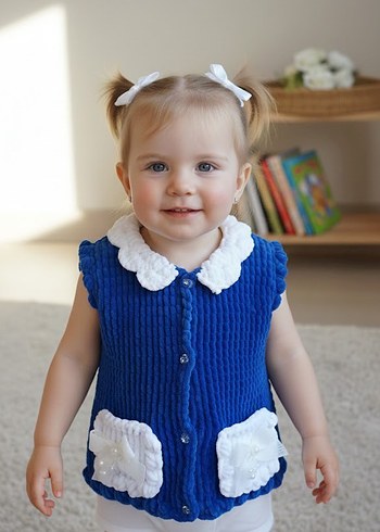 Parlak lacivert Örgü Kız Yeleği Beyaz Detaylı - Görsel 3