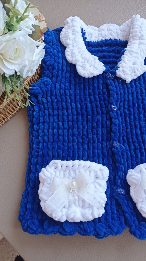 Parlak lacivert Örgü Kız Yeleği Beyaz Detaylı - Görsel 2