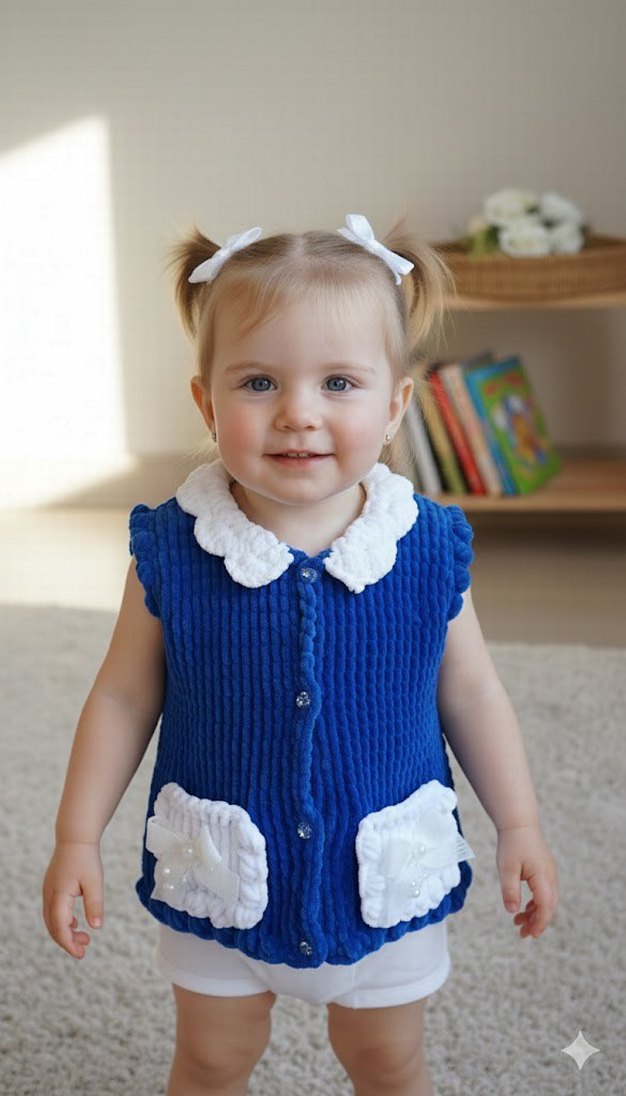 Parlak lacivert Örgü Kız Yeleği Beyaz Detaylı - Görsel 3