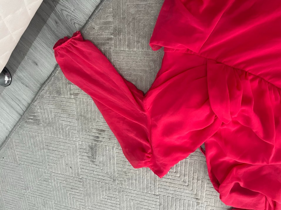 Pembe V Yaka Drapeli Mini Elbise - Görsel 4