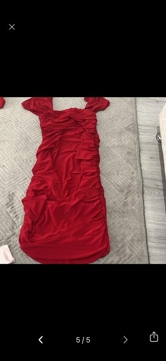 Kırmızı Drapeli V Yaka Midi Kalem Elbise - Görsel 3