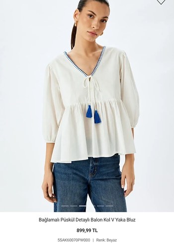 Bağlamalı Püsküllü Balon Kol V Yaka Bluz - Görsel 2