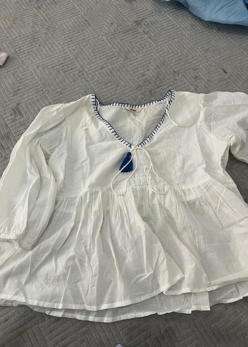 Bağlamalı Püsküllü Balon Kol V Yaka Bluz - Görsel 4