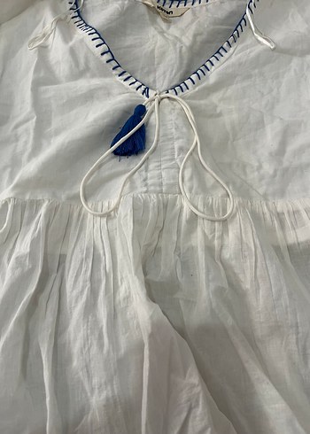 Bağlamalı Püsküllü Balon Kol V Yaka Bluz - Görsel 5