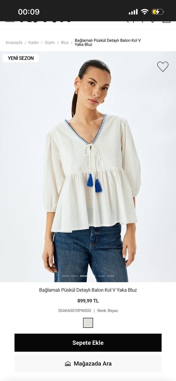 Bağlamalı Püsküllü Balon Kol V Yaka Bluz - Görsel 2