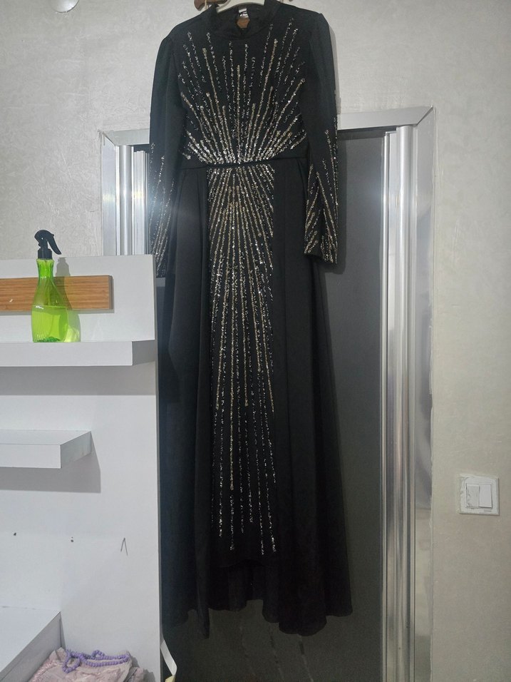 Boncuk İşlemeli Siyah Uzun Abiye Elbise - Görsel 2